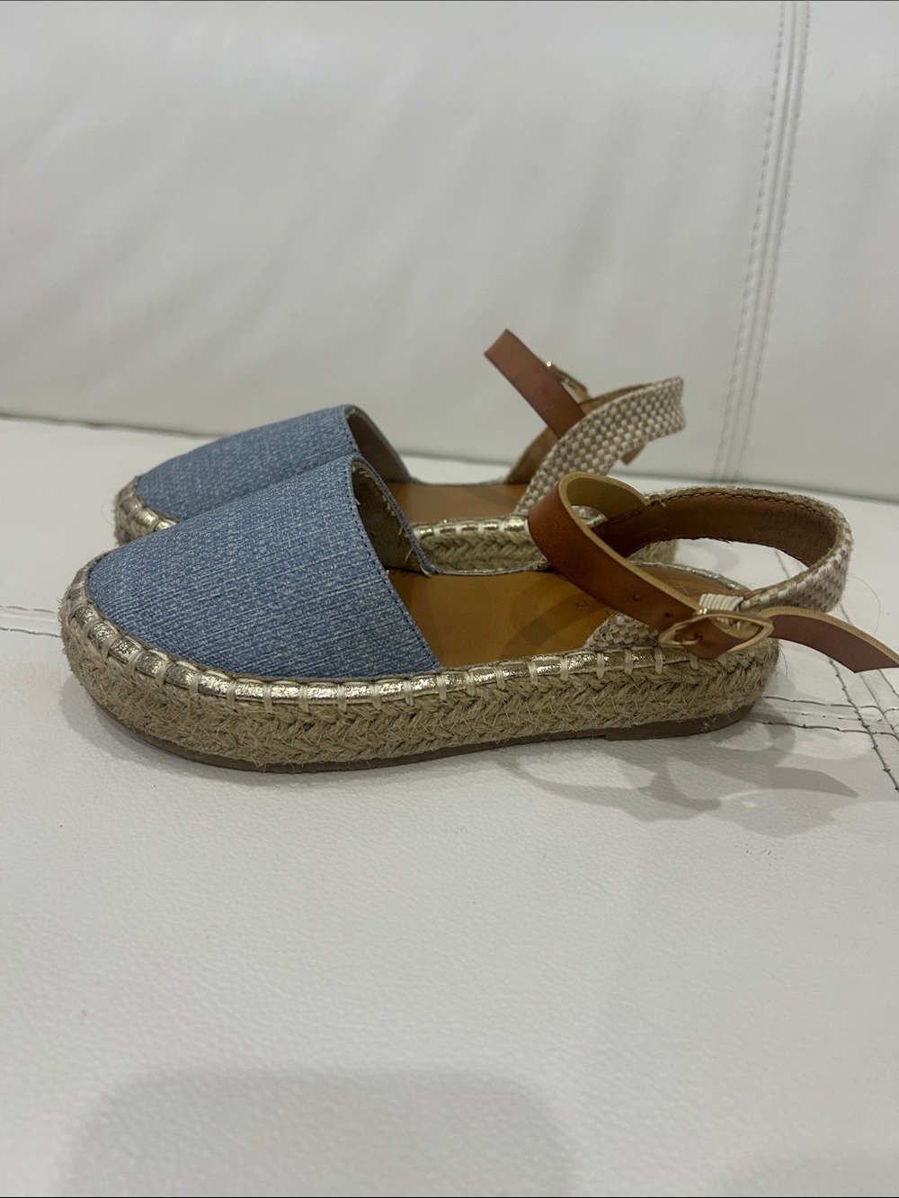 ShuShop Light Blue Denim Espadrille Sandals with Brown Ankle Strap - Kids
